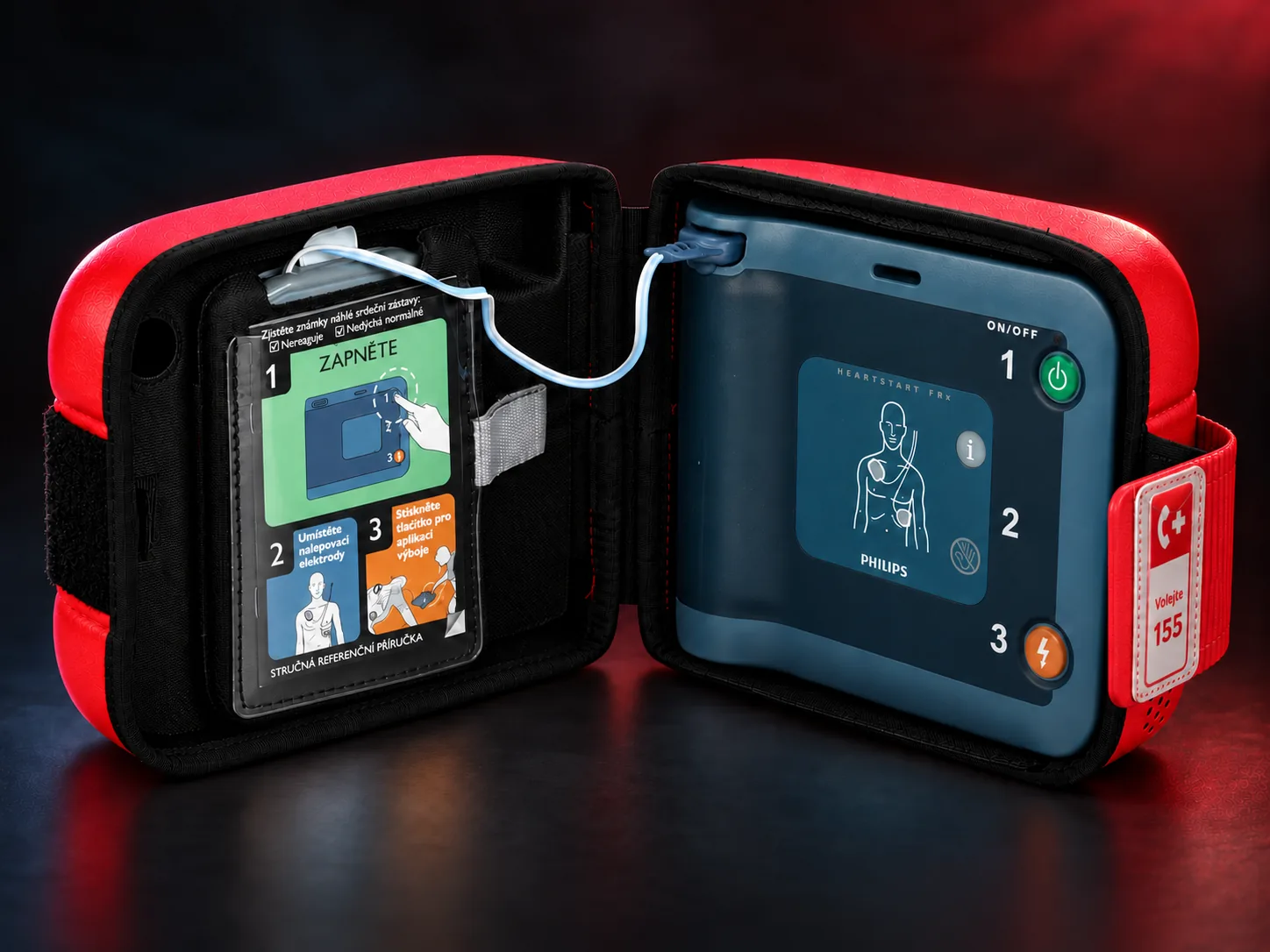 Otevřené červené pouzdro s defibrilátorem Philips HeartStart FRx.